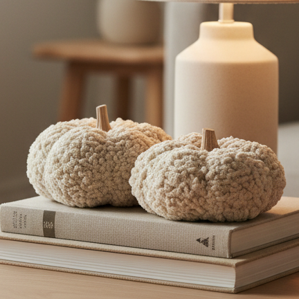 Cream Looped Pumpkin With Wooden Stem, cream loop-textured pumpkins on stacked books