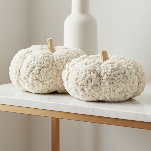 Cream Looped Pumpkin With Wooden Stem, two cream loop-textured pumpkins on a console