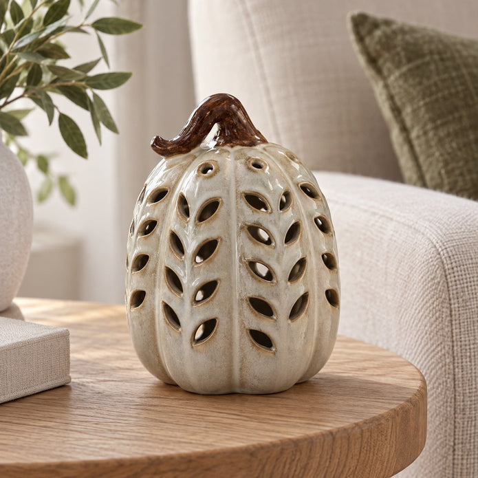 Neutral Ceramic Cut Out Light Up LED Tall Pumpkin – product view 5