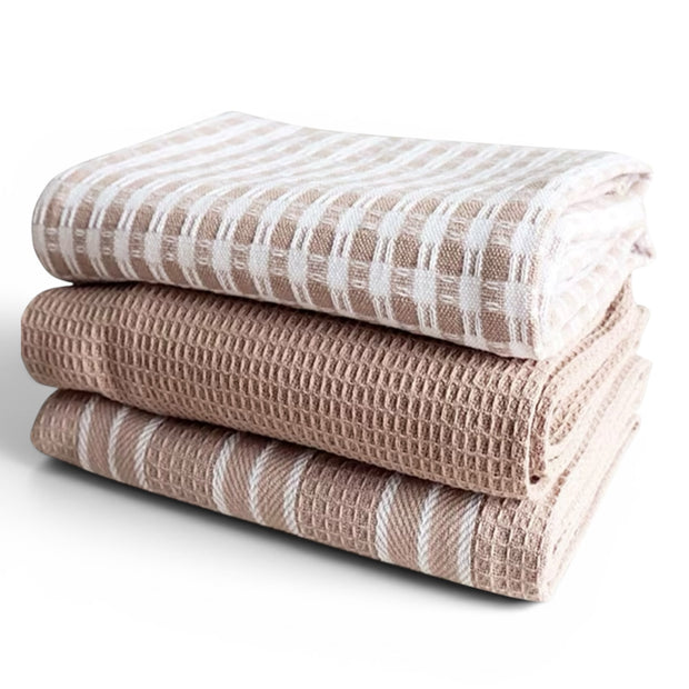 Neutral Cotton Tea Towels - Set of Three, stack of neutral striped and textured tea towels against white