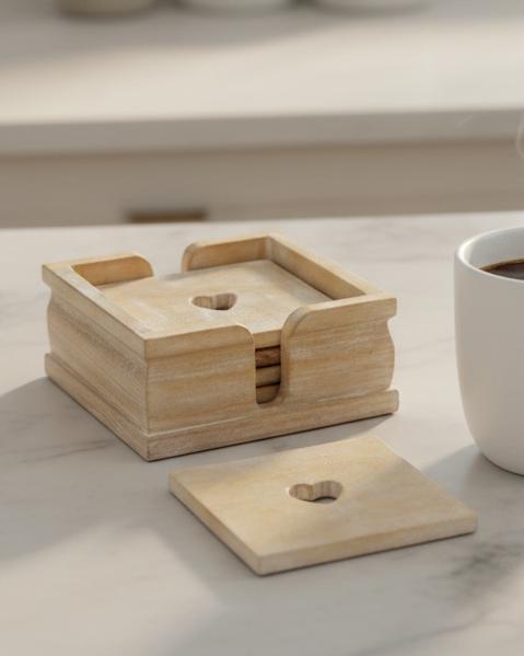 Wood Heart Coasters And Holder - Set of Six, square wooden heart coasters in their holder beside a mug
