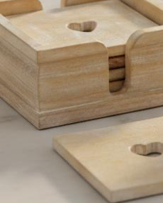 Wood Heart Coasters And Holder - Set of Six, close-up of the wooden coaster holder and heart cutouts