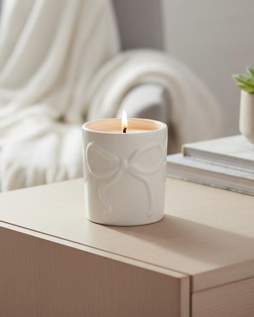 Cream Bow Candle Pot, cream bow candle pot burning on a living-room table