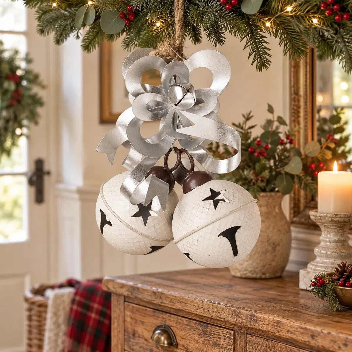 Two large white star-cut bells with a silver bow hanging beneath Christmas greenery