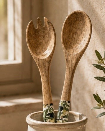 Olive Pattern Mango Wood + Melamine Salad Servers