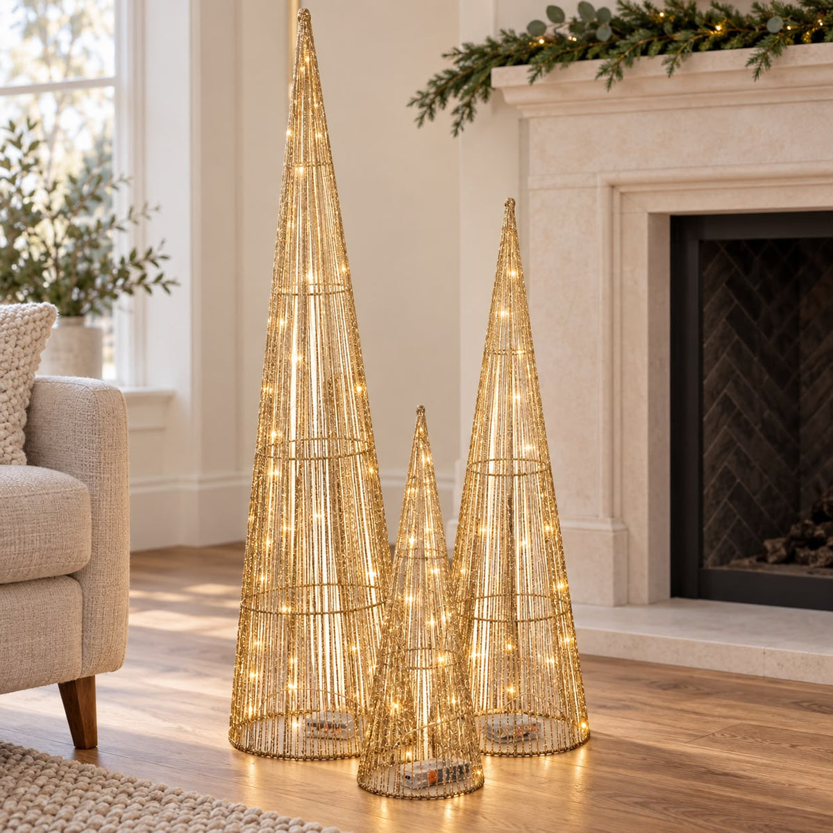 Gold Sparkly Light-Up LED Trees – Set of 3