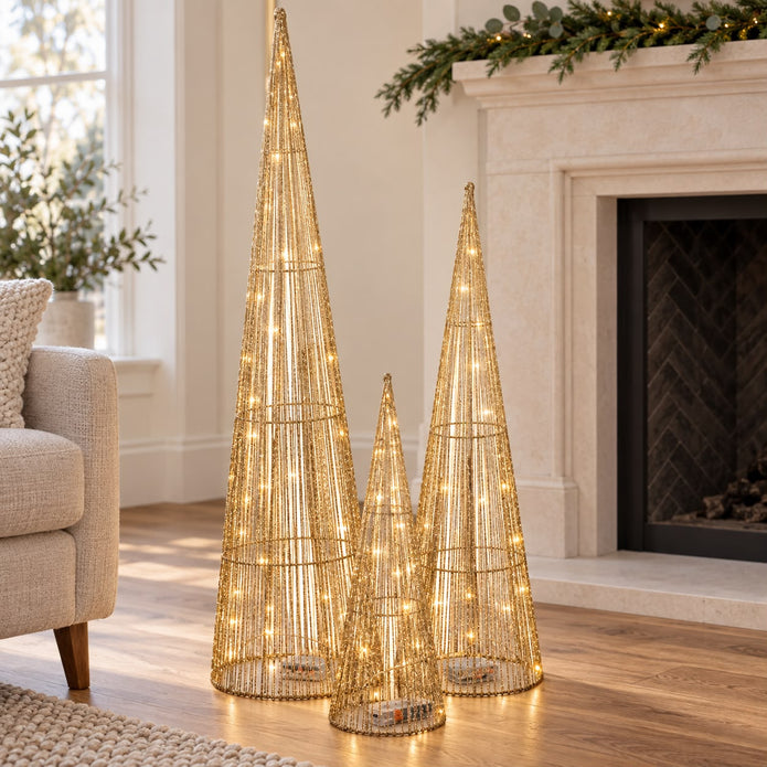 Gold Sparkly Light-Up LED Trees – Set of 3