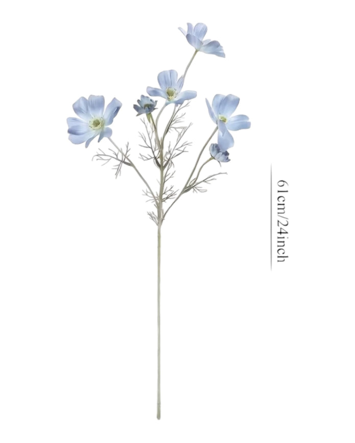 Artificial Ocean Blue Cosmos flower stem from Starlight Express, featuring vibrant blue blooms and realistic foliage for decorative use.