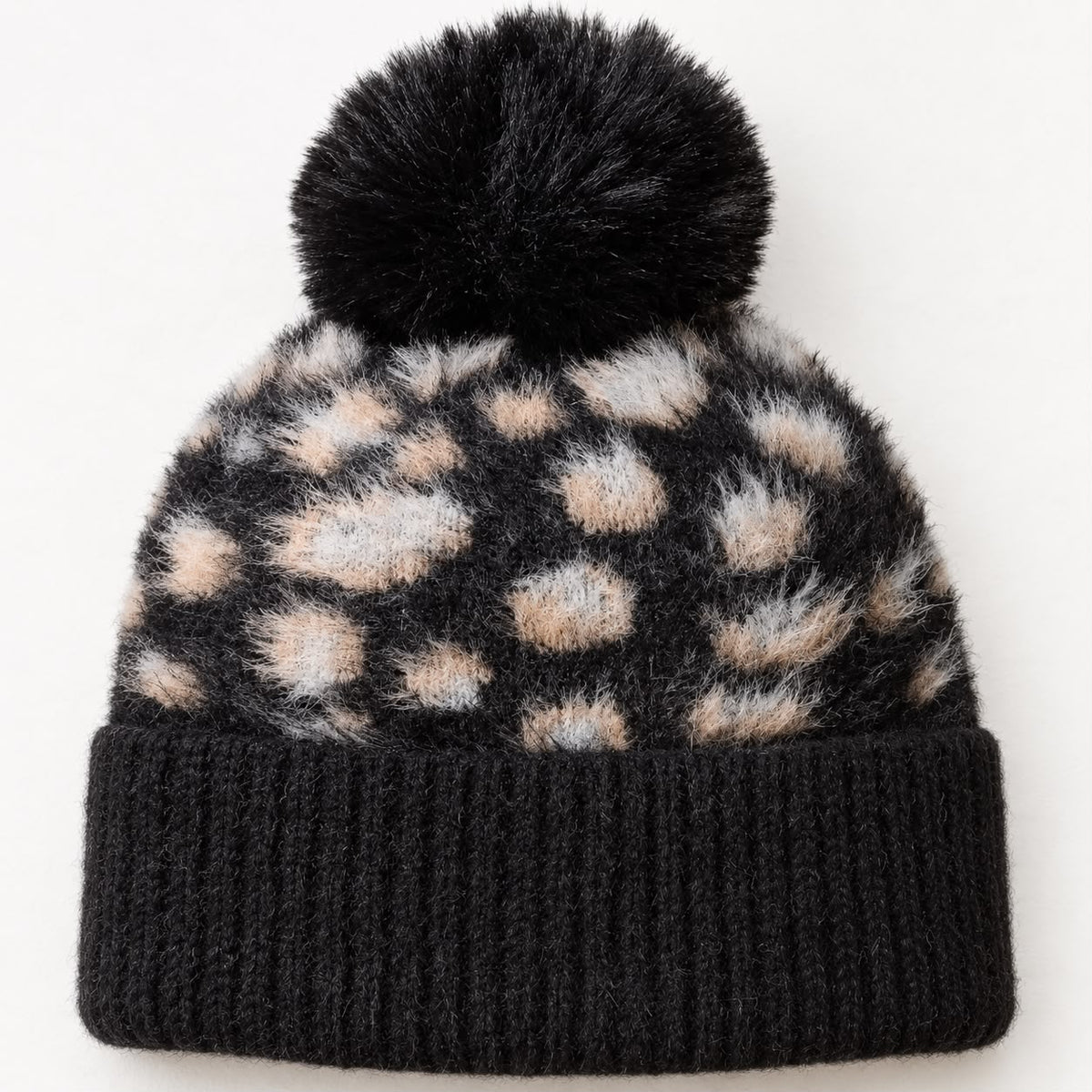 Black Leopard Print Fluffy Bobble Hat