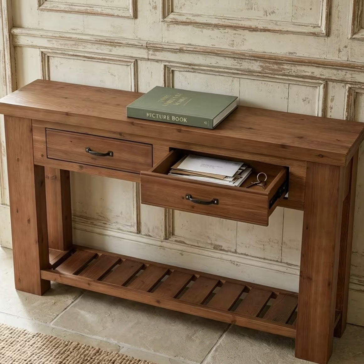 Rustic Natural Large Wood Two Drawers Console Table