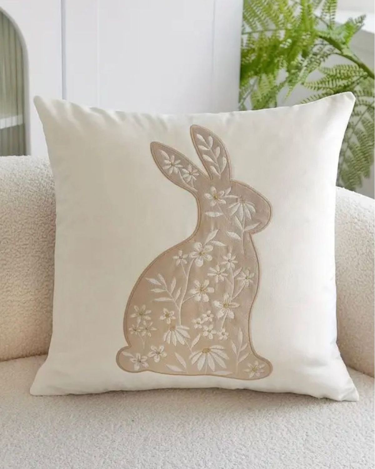 Beige And Cream Embroidered Bunny Cushion Cover
