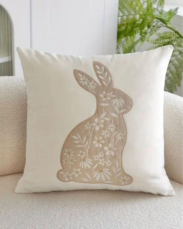 Beige And Cream Embroidered Bunny Cushion Cover