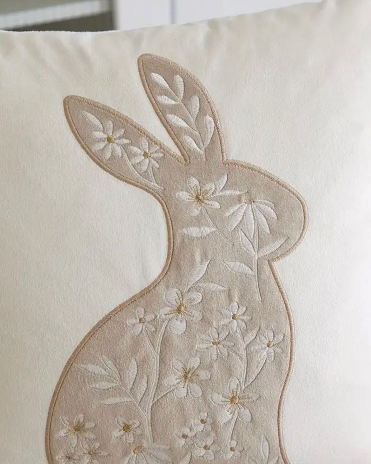 Beige And Cream Embroidered Bunny Cushion Cover