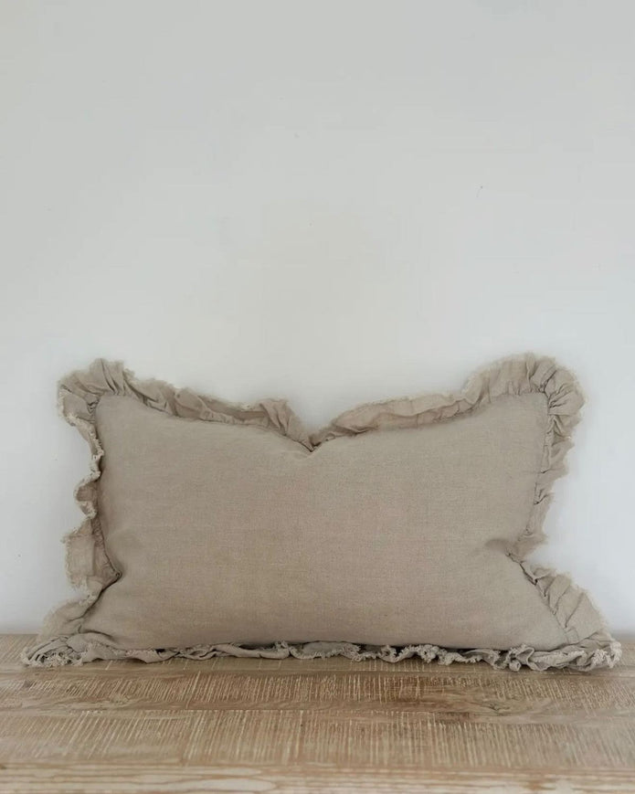Beige Neutral Luxury Linen Ruffled Edge Cushion Cover