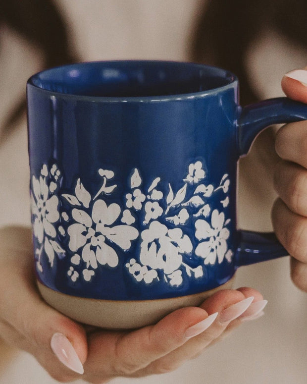 Blue Floral Stoneware Coffee Mug