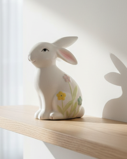 Bunny Figurine With Floral Decor | Ceramic Easter Ornament