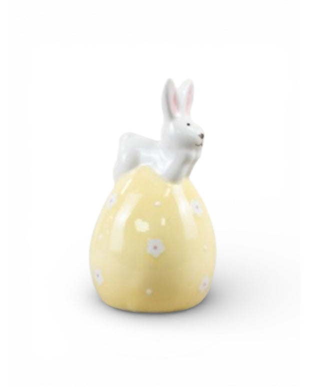 Bunny On Yellow Egg Ornament | Ceramic Easter Decoration
