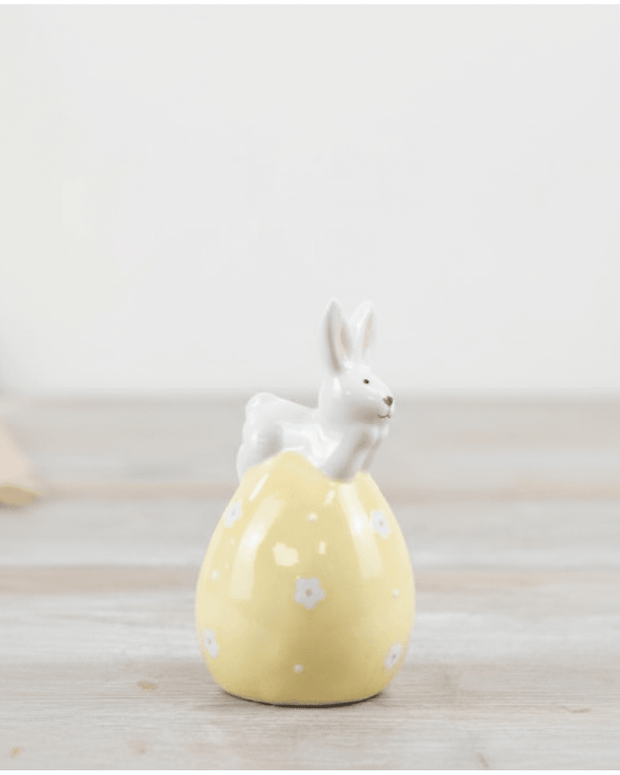 Bunny On Yellow Egg Ornament | Ceramic Easter Decoration