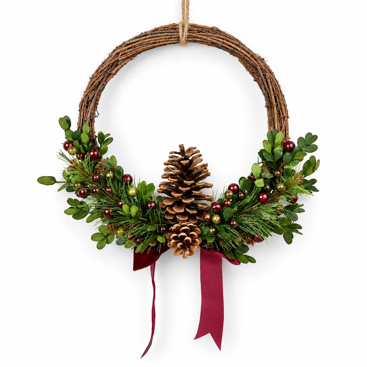 Rattan Pinceone and Berry Wreath with Burgundy Bow