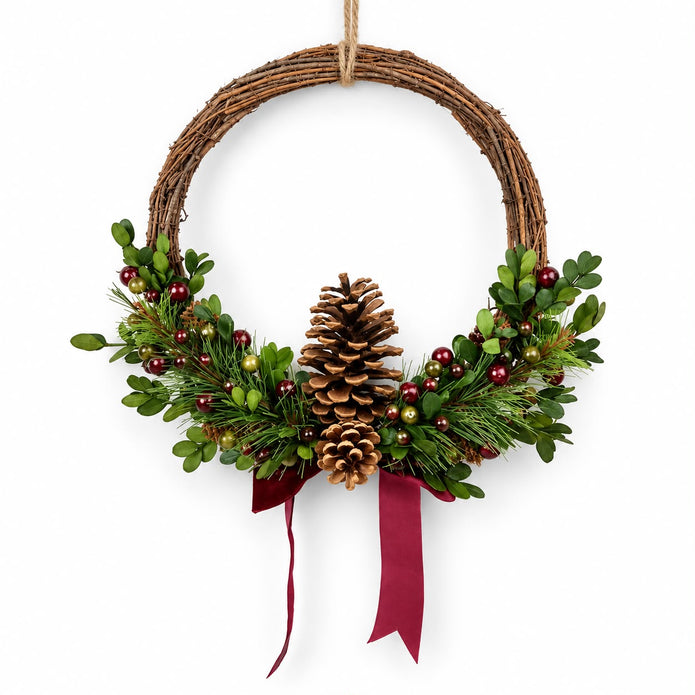 Rattan Pinceone and Berry Wreath with Burgundy Bow
