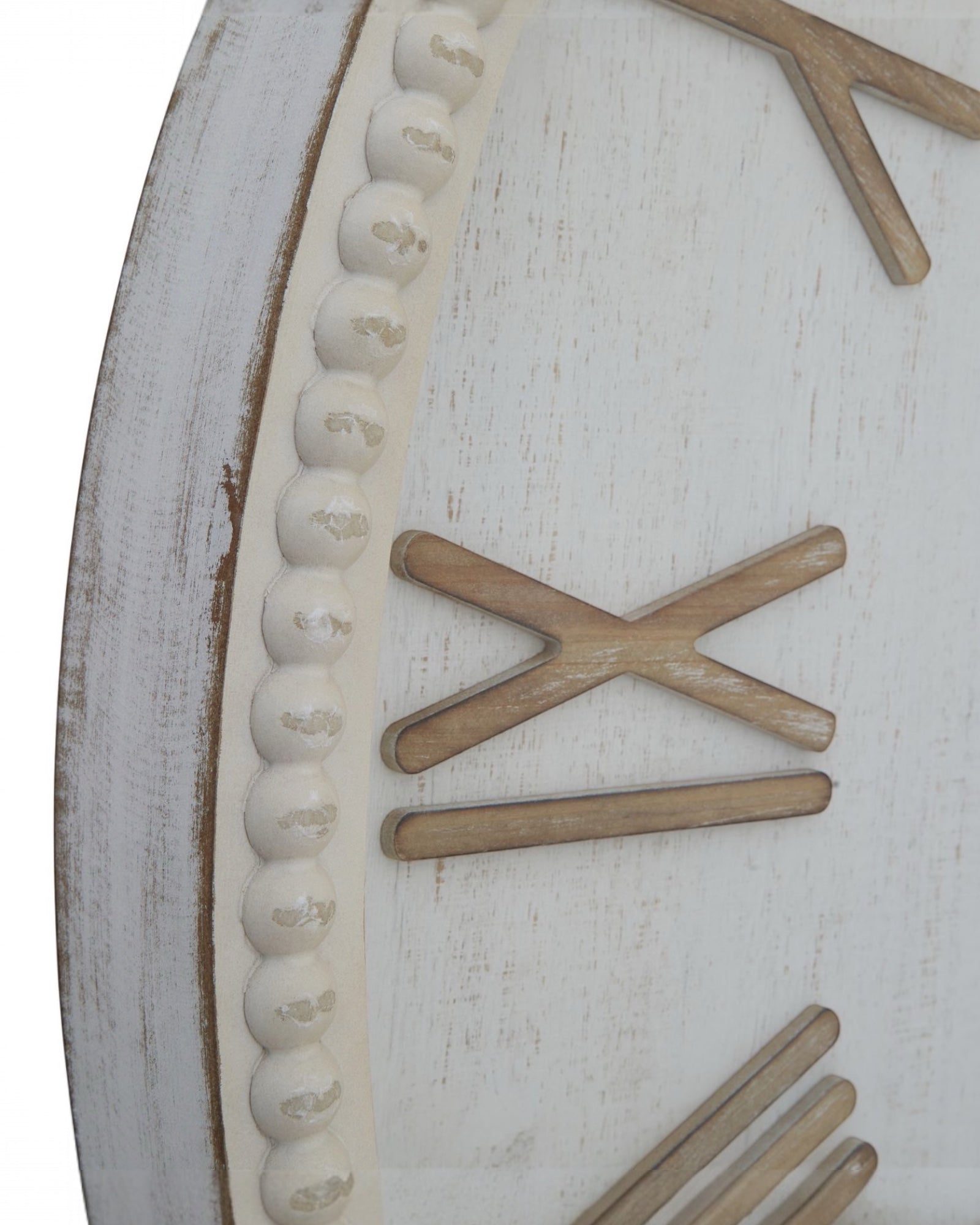 Large rustic white clock with beaded frame, Hill Interiors decorative clock with vintage-inspired design and textured white finish.