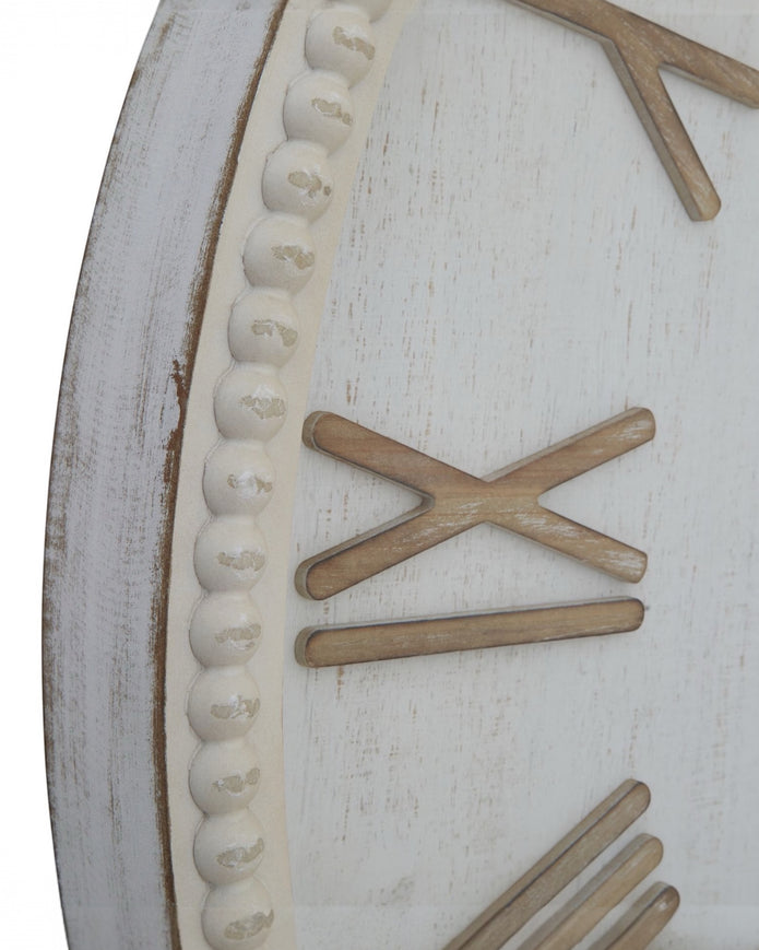 Large rustic white clock with beaded frame, Hill Interiors decorative clock with vintage-inspired design and textured white finish.