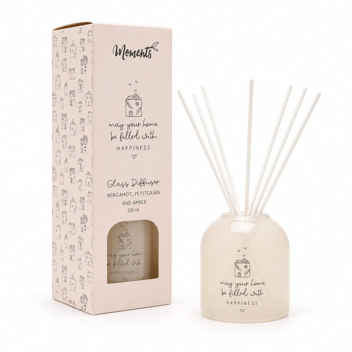 Beige Moments clear glass reed diffuser by Widdop & Co, elegant home fragrance with reed sticks in a minimalist glass bottle