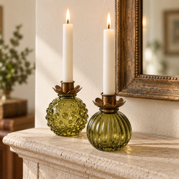 Round Glass Bud Vase - Olive Green, olive green patterned and ribbed vases with candle inserts on a mantel