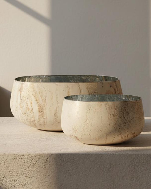 Natural Luxe Beige Bowl Vase, two beige textured bowls on a stone surface