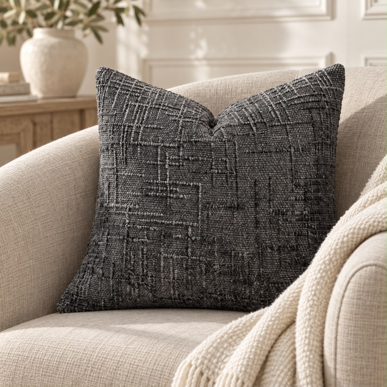 Charcoal Grey Chenille Textured Cushion Cover