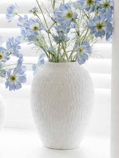 Ashen White Matt Tall Vase, tall textured white vase holding pale blue flowers