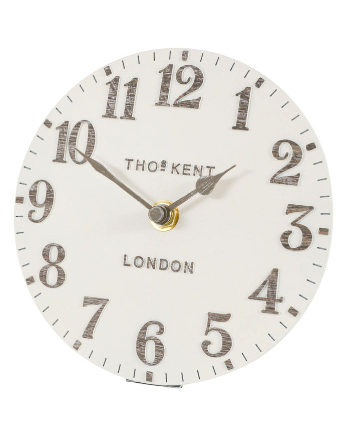 Thomas Kent 6-inch Arabic mantle clock in limestone with classic clock face and elegant design, perfect for mantel or shelf display.