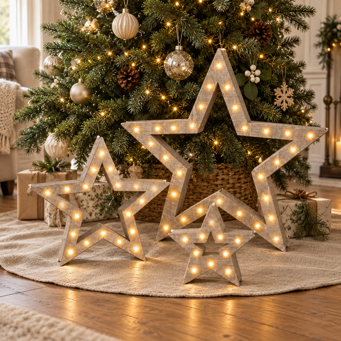 Natural Wooden Light Up LED Star - Set of Three