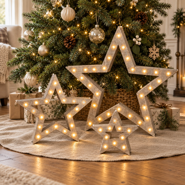 Natural Wooden Light Up LED Star - Set of Three