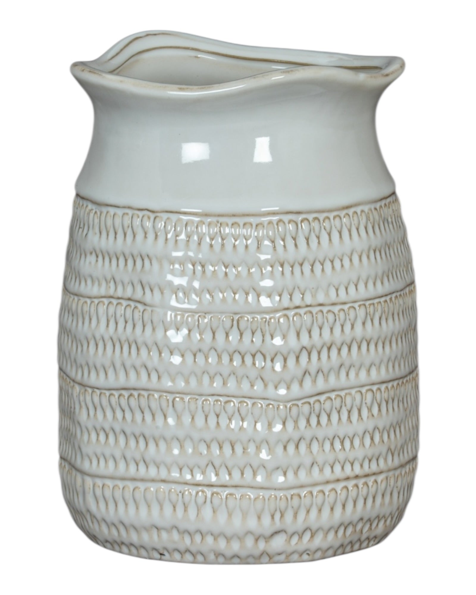 White ceramic textured vase with a wide neck, designed by Hill Interiors, perfect for modern home decor.