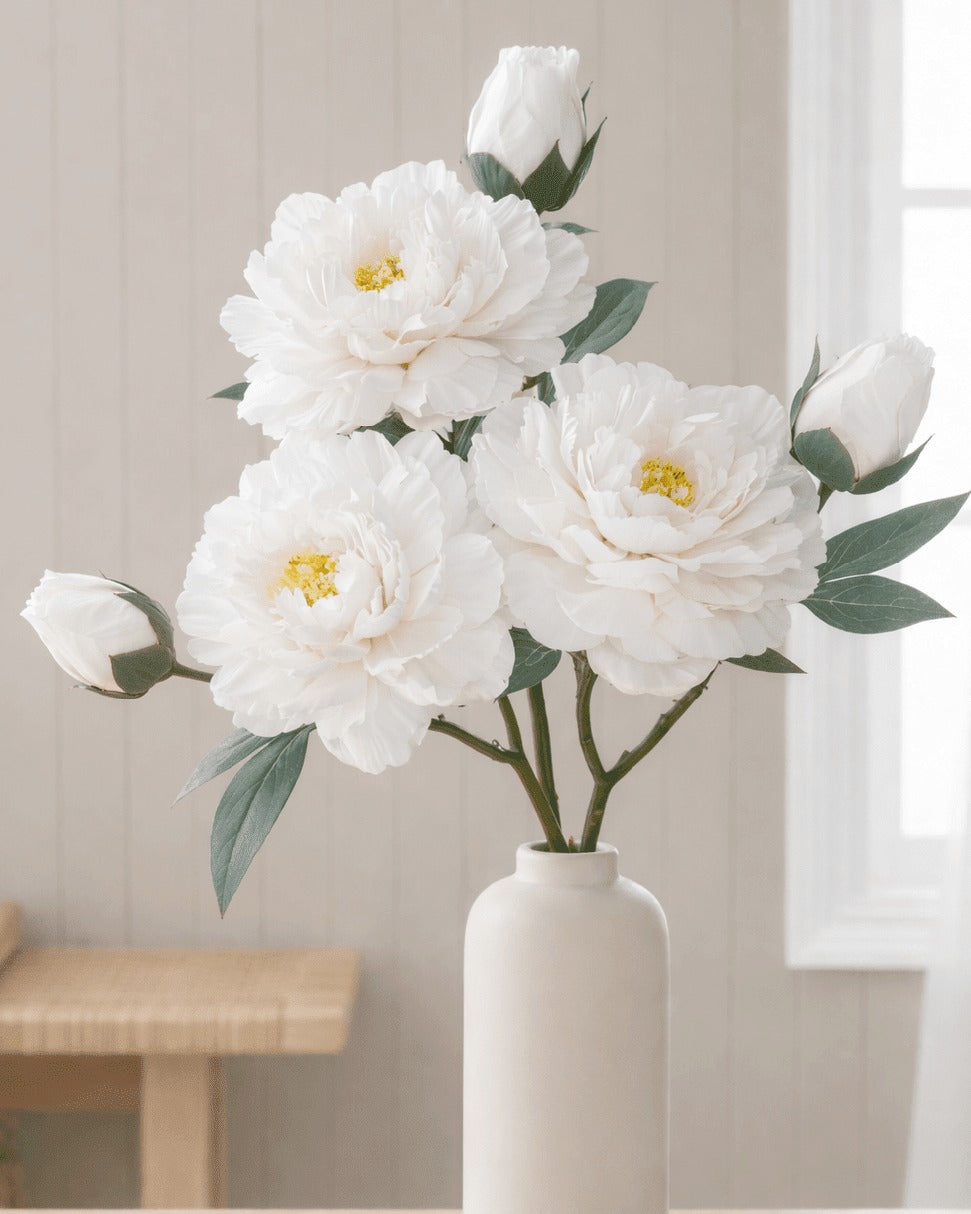Artificial white open double peony flower stem from Starlight Express, showcasing lush, realistic peony blossoms on a natural-looking stem.