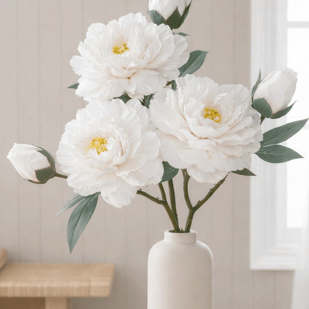 Artificial white open double peony flower stem from Starlight Express, showcasing lush, realistic peony blossoms on a natural-looking stem.