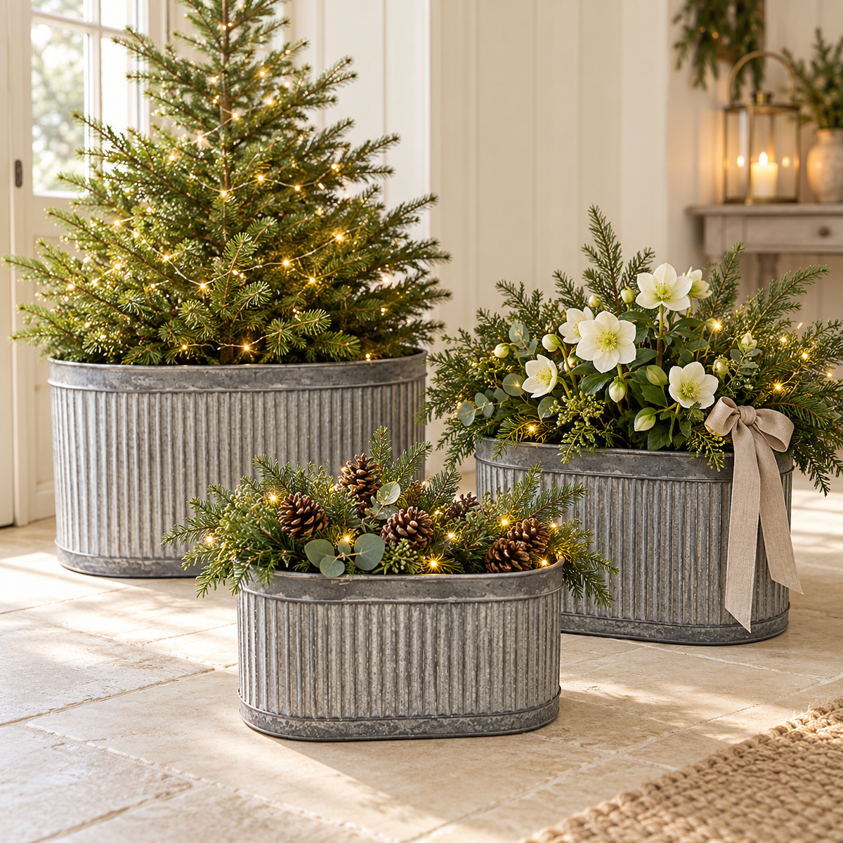 Ribbed Oval Galvanised Metal Planter Troughs - Set of Three
