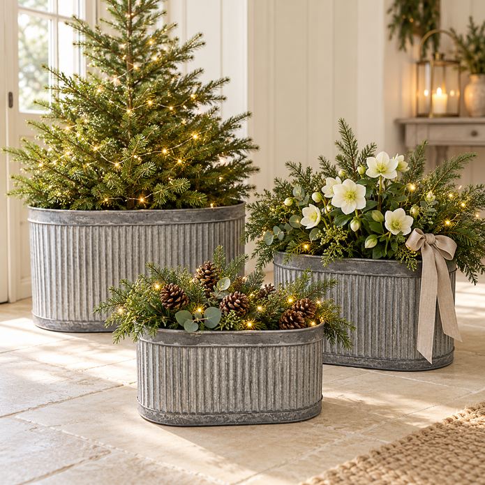 Ribbed Oval Galvanised Metal Planter Troughs - Set of Three