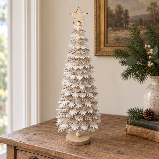 Beige And White Felt Snowflake Tree, beige and white layered felt tree on a wooden table