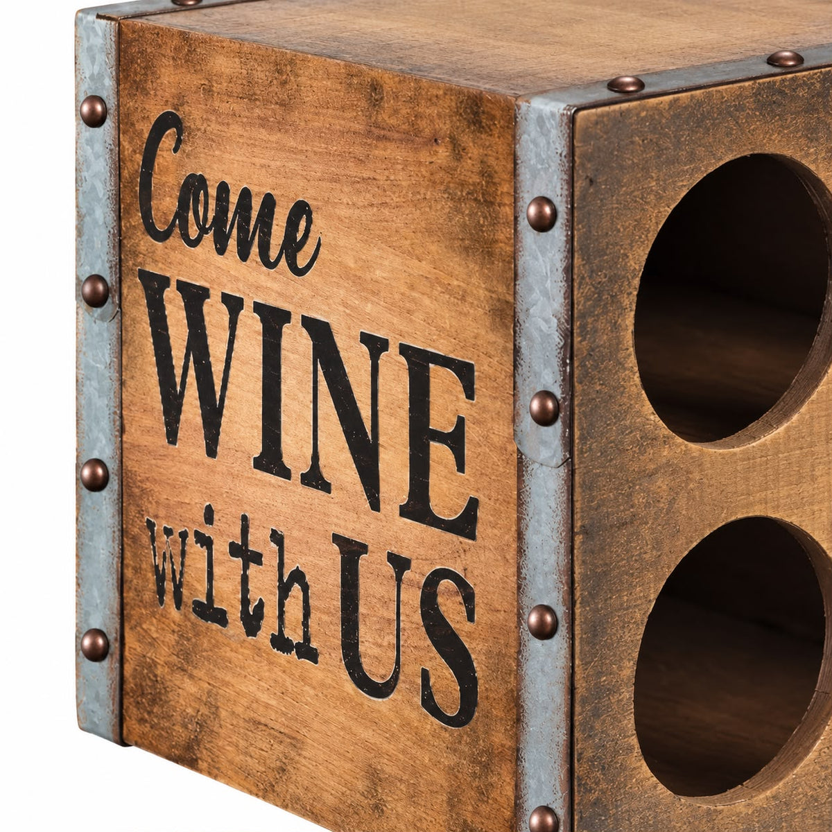 Heaven Sends Come Wine With Us wooden gift box with wine accessories and decorative design, perfect for wine lovers.