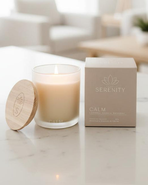 Serenity Calm Candle - Lavender, Vanilla And Patchouli, cream Calm candle beside its wooden lid and taupe box