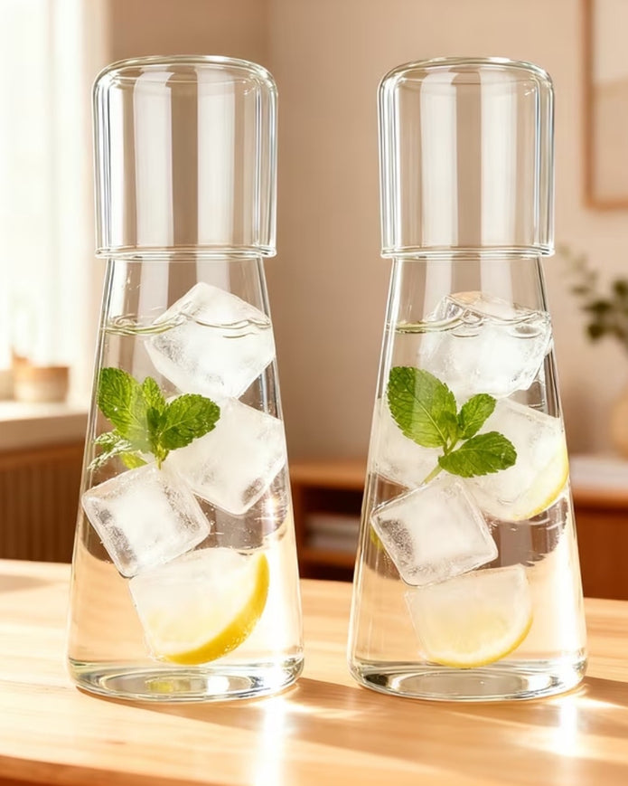 Starlight Express glass carafe jug set with two clear, elegant jugs featuring a sleek design and secure lids on a white background.
