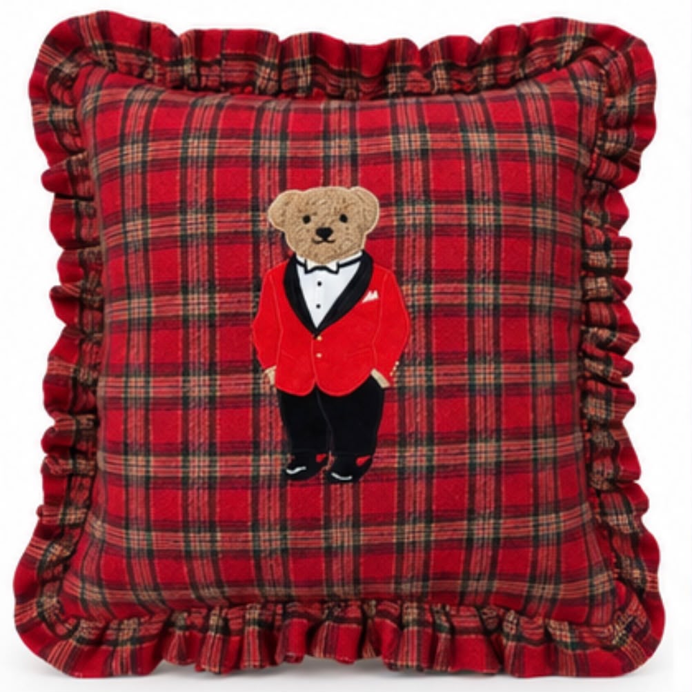 Red Tartan Teddy Bear Cushion Cover