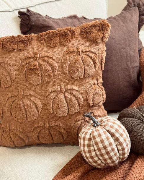 Decorative pillows with pumpkin pattern and small pumpkins on a couch