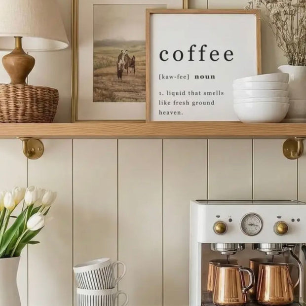 Large White Framed Sign - Coffee, framed coffee definition sign on a kitchen shelf