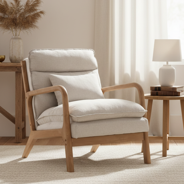 Cream Retro Wooden Framed Arm Chair