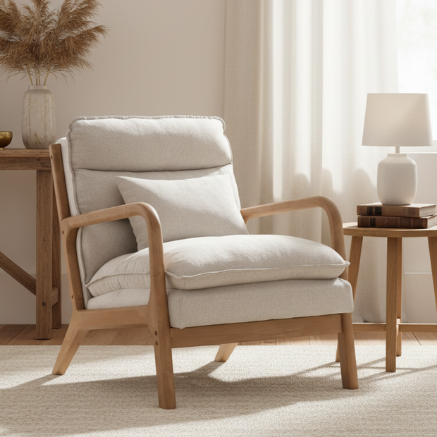 Cream Retro Wooden Framed Arm Chair