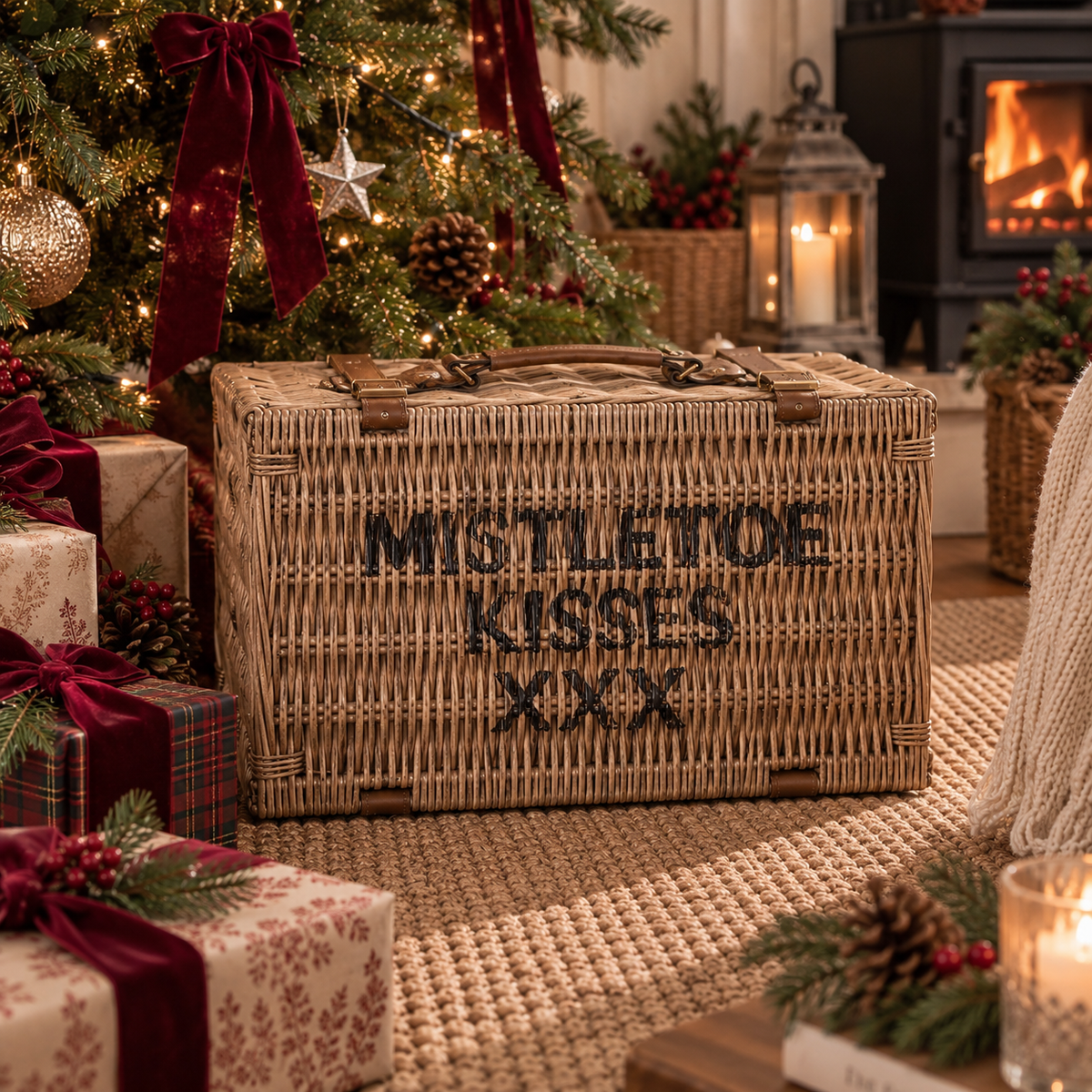 Mistletoe Kisses Medium Rattan Storage Basket