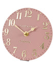 Thomas Kent 6-inch Arabic mantle clock in blush pink with a classic round face and black Arabic numerals, decorative gold accents.